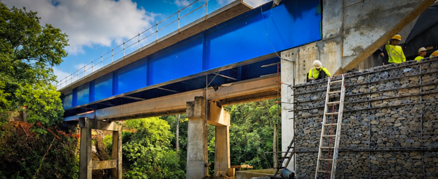 Vista lateral del puente sobre el río Tenorio, en Guanacaste, durante su proceso de construcción. La estructura presenta vigas metálicas de color azul apoyadas sobre columnas y estribos de concreto, mientras personal de obra realiza trabajos en uno de los accesos. A un costado se observan muros de contención de gaviones y abundante vegetación, característicos del entorno natural donde se ubica el proyecto