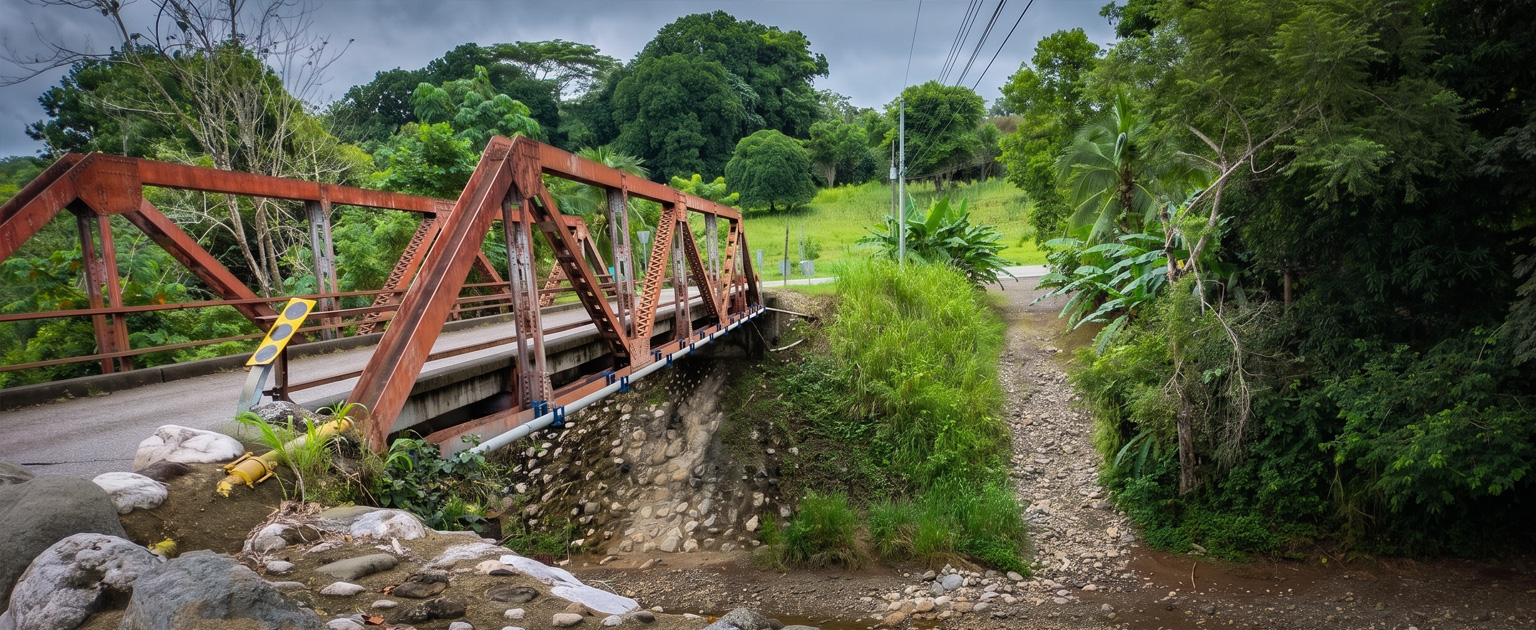 Puente metálico de una sola vía sobre el río Balsar, con estructura de vigas color rojizo, rodeado de abundante vegetación y con un cauce pedregoso parcialmente seco.