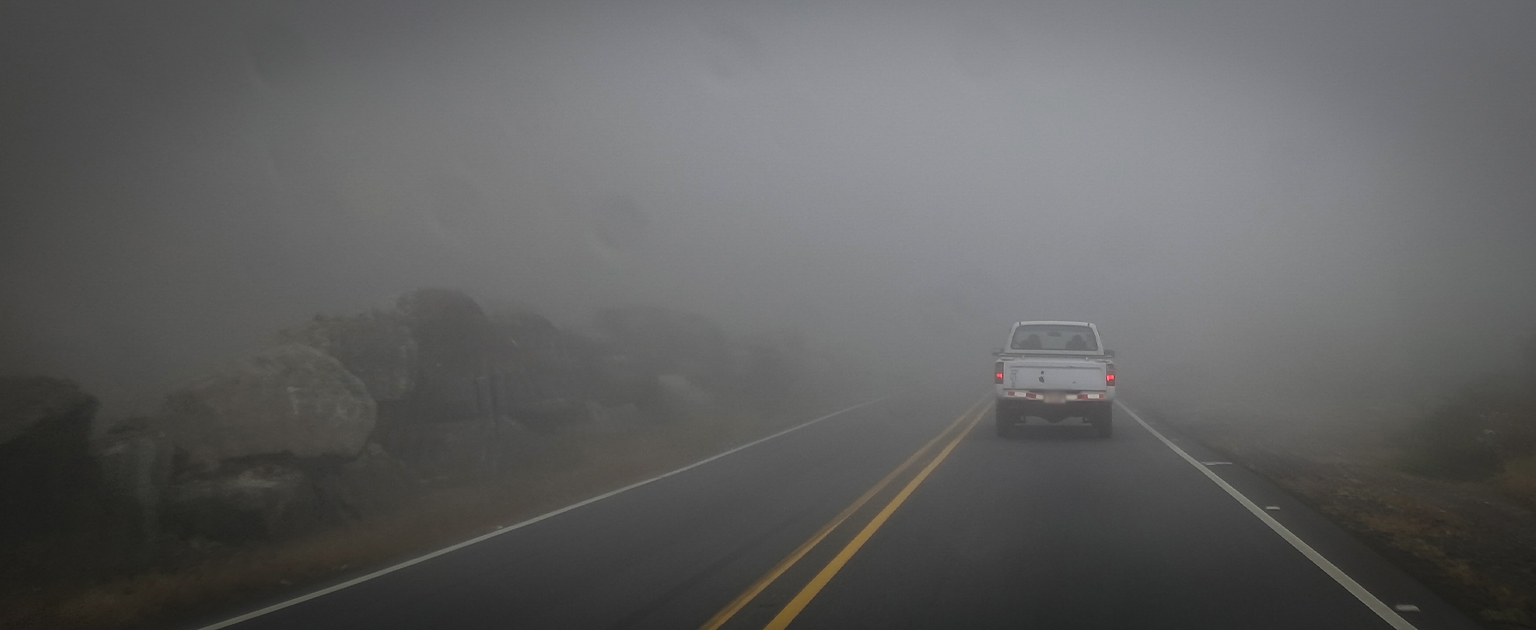 Fotografía que muestra la parte trasera de un vehículo circulando en una calle con mucha neblina