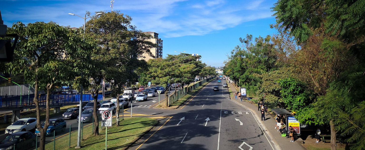 Vista de la Ruta Nacional 27 en un sector urbano rodeado de árboles. Se observan varios carriles con circulación vehicular en ambos sentidos, una parada de autobús en el costado derecho y edificios parcialmente visibles entre la vegetación bajo un cielo despejado